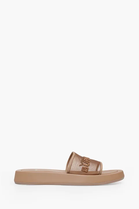 BURBERRY Women Embroidered Logo Buckingham Slides in Camel Mesh x Leather