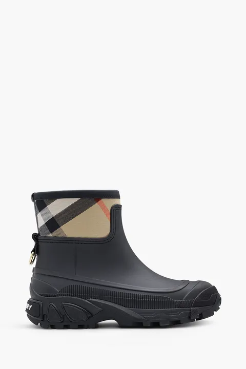 BURBERRY Women House Check Panel Rain Boots in Black/Archive Beige