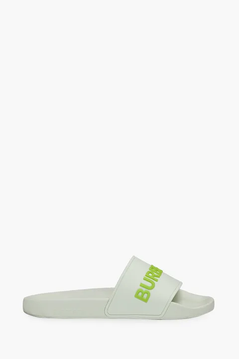 BURBERRY Women Embossed Logo Slides in White/Pistachio