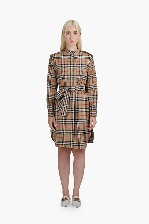 BURBERRY Women Vintage Check Tie-Waist Standing Neck Shirt Dress Archive Beige