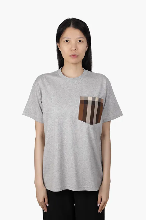 BURBERRY Women Oversized Cotton T-Shirt in Pale Grey Melange with Check on Pocket