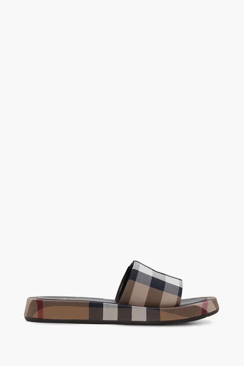 BURBERRY Women Check Cotton Buckingham Slides in Birch Brown