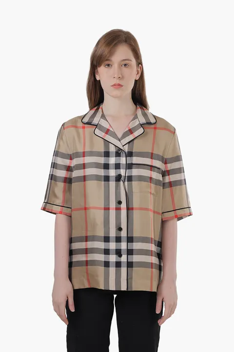 BURBERRY Women Tierney Vintage Check Silk Pajama Shirt in Archive Beige
