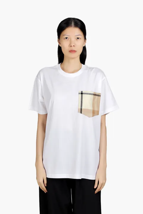 BURBERRY Women Check Pocket Cotton Oversized T-Shirt in White