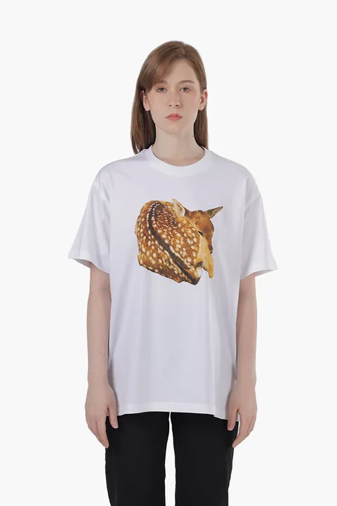 BURBERRY Women Deer Print Cotton Oversized T-Shirt in White
