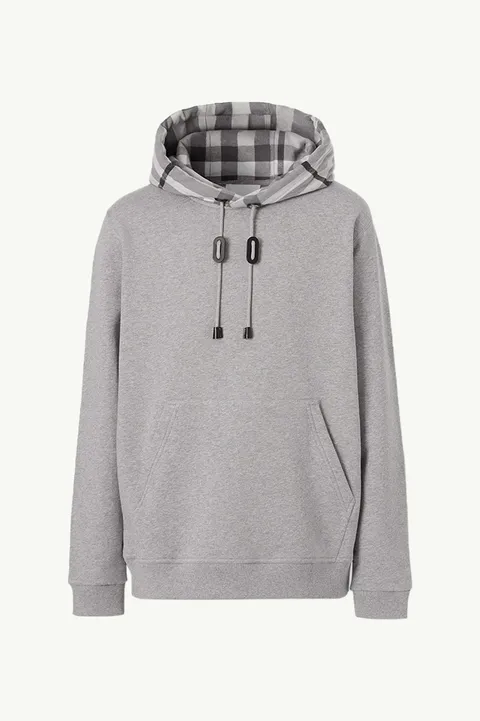 BURBERRY Men Check Hood Cotton Sweatshirt in Pale Grey Melange with Hoodie