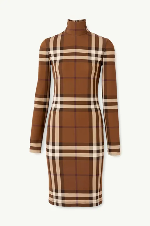 BURBERRY Women Check Stretch Jersey Funnel Neck Dress in Dark Birch Brown