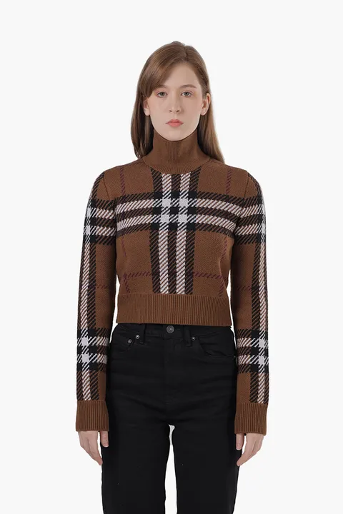 BURBERRY Women Kerry Check Turtleneck Cropped Sweater in Dark Birch Brown