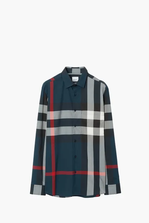 BURBERRY Men Check Slim Fit Long-Sleeved Shirt in Navy Cotton