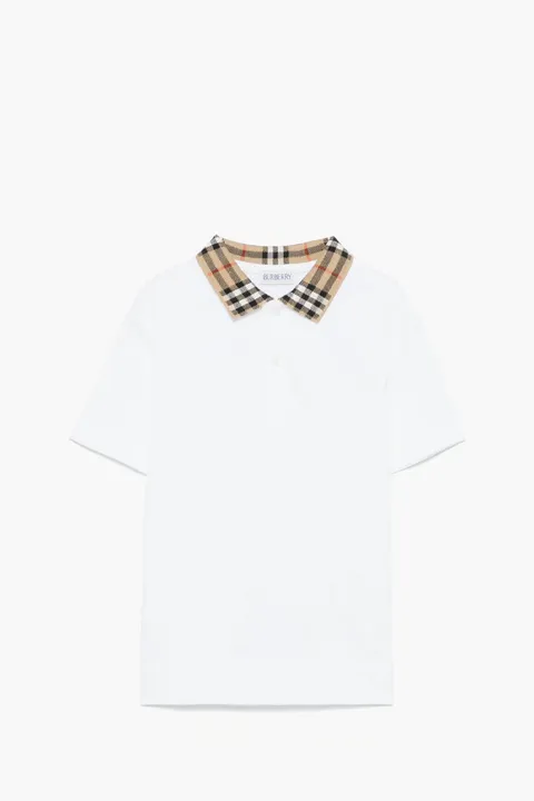 BURBERRY Kids Check Collar Polo Shirt in White Cotton Pique
