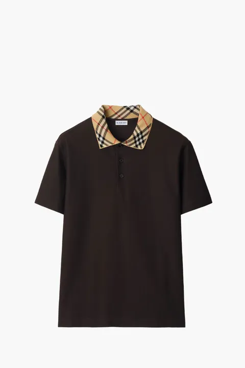 BURBERRY Men Check Colar Short Sleeve Polo Shirt in Clove Brown Cotton