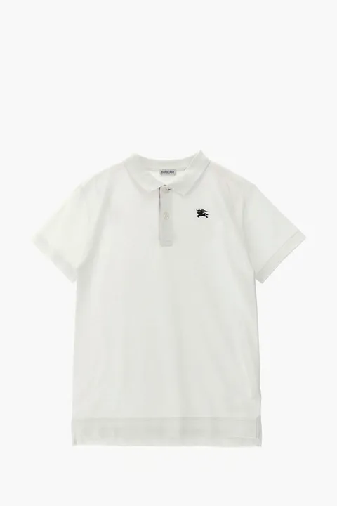 BURBERRY Embroidered EKD Planked Check Polo Shirt in White Cotton Pique