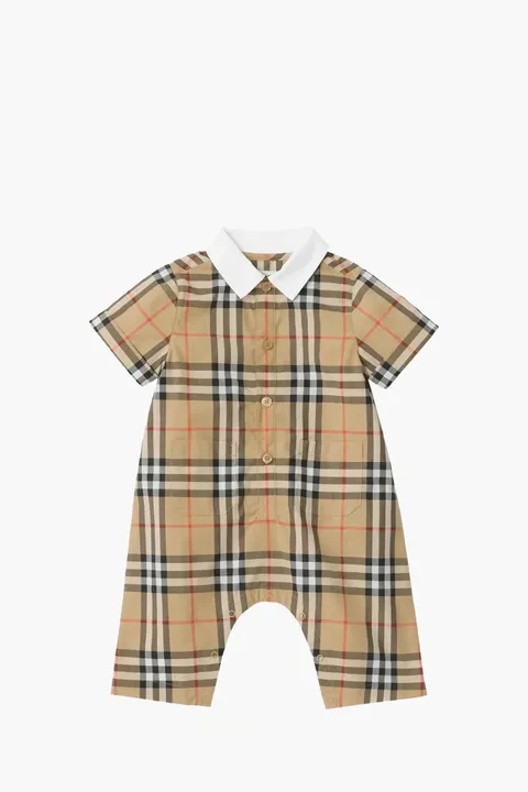 BURBERRY Kids Woven Check Playsuit in Sand Beige Cotton