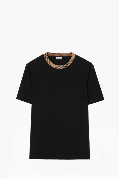 BURBERRY Men Check Trim T-Shirt in Black Cotton
