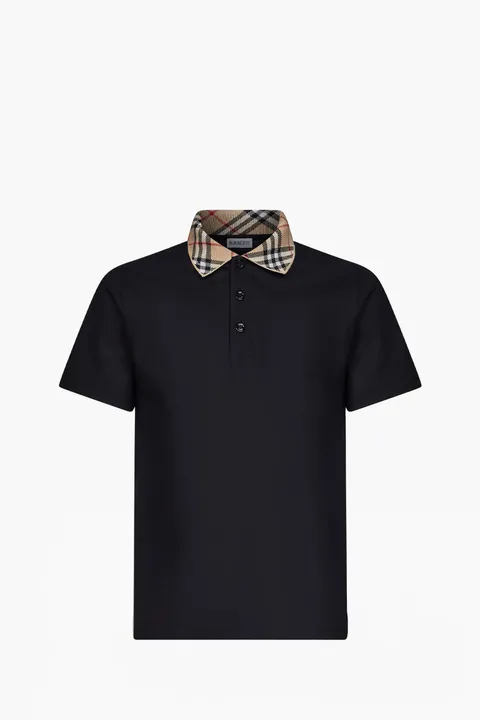 BURBERRY Men Check Collar Polo Shirt in Black Cotton