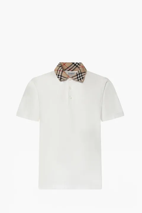 BURBERRY Men Check Collar Polo Shirt in Chalk White Cotton