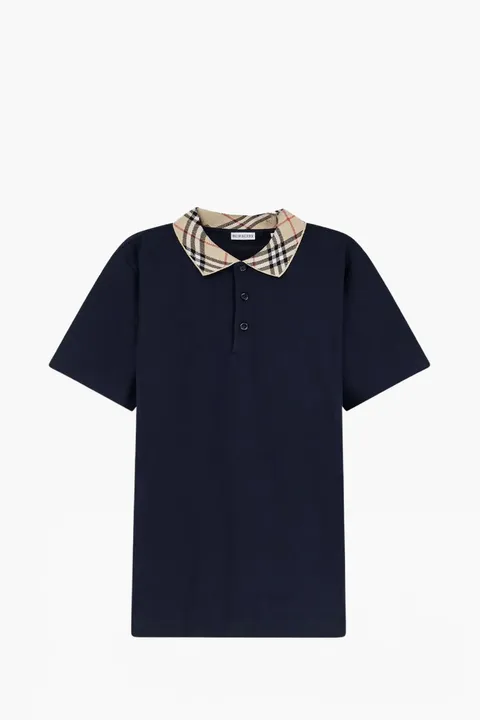 BURBERRY Men Check Collar Polo Shirt in Navy Cotton