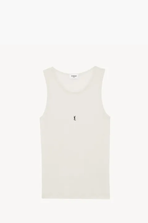 SAINT LAURENT Cassandre Embroidered Tank Top in Natural/Black Cotton