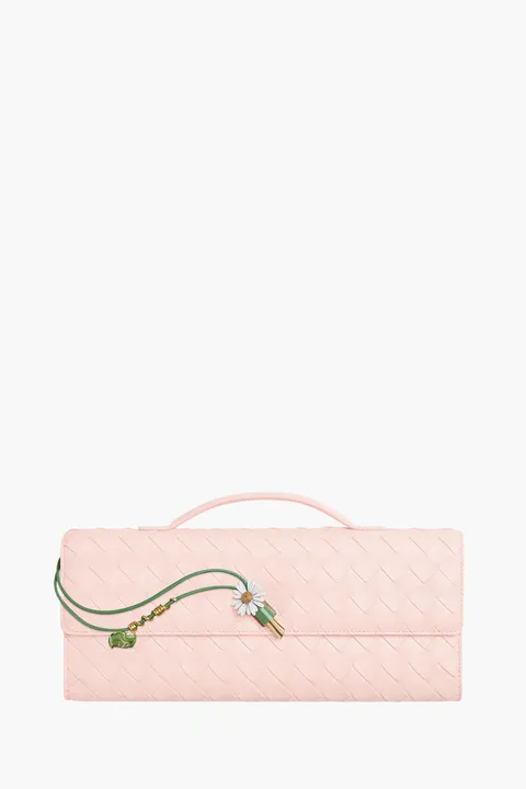 BOTTEGA VENETA Andiamo Enamelled Daisy Flower Closure Intrecciato Long Clutch in Seashell with Handle 