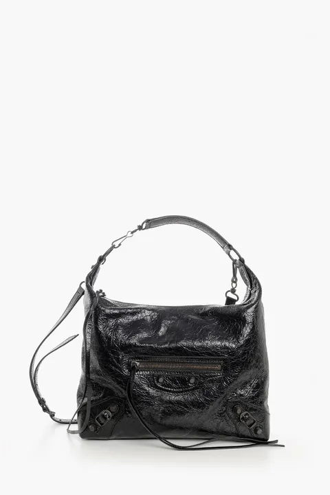 BALENCIAGA Le City Small Hobo Shoulder Bag in Black Arena Lambskin Brass Hardware
