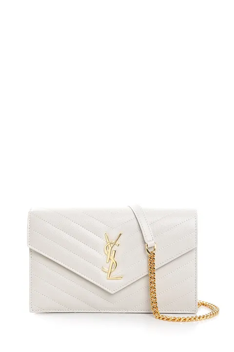SAINT LAURENT Cassandre Envelope Wallet On Chain 19cm in White Caviar Leather GHW