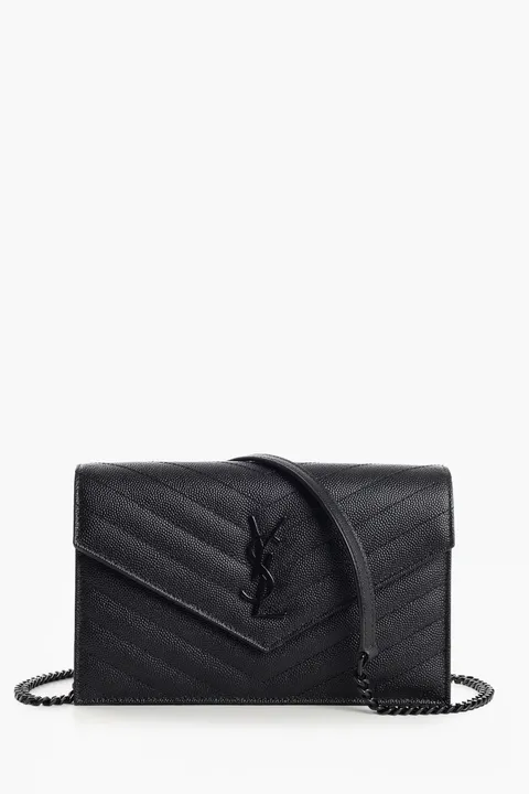 SAINT LAURENT Cassandre Envelope Wallet On Chain 19cm in Black Caviar Leather BHW