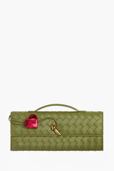 BOTTEGA VENETA Intrecciato Long Clutch in Matcha/Lipstick Lambskin with Handle