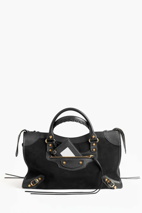 BALENCIAGA Medium Le City Bag in Black Suede And Smooth Clafskin GHW