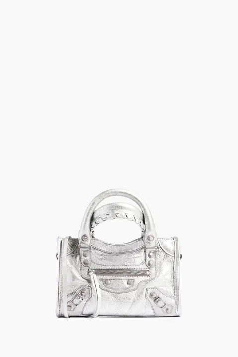 BALENCIAGA Nano Le City Shoulder Bag in Silver Arena Lambskin SHW
