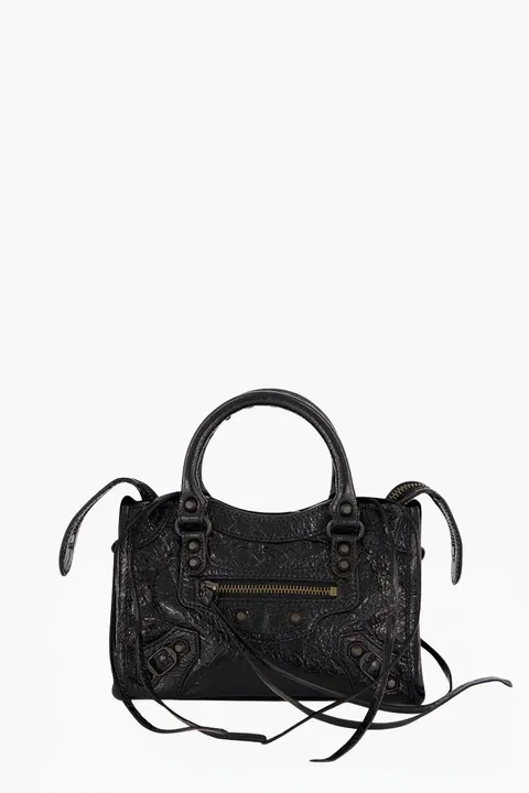BALENCIAGA Nano Le City Shoulder Bag in Black Arena Lambskin BHW