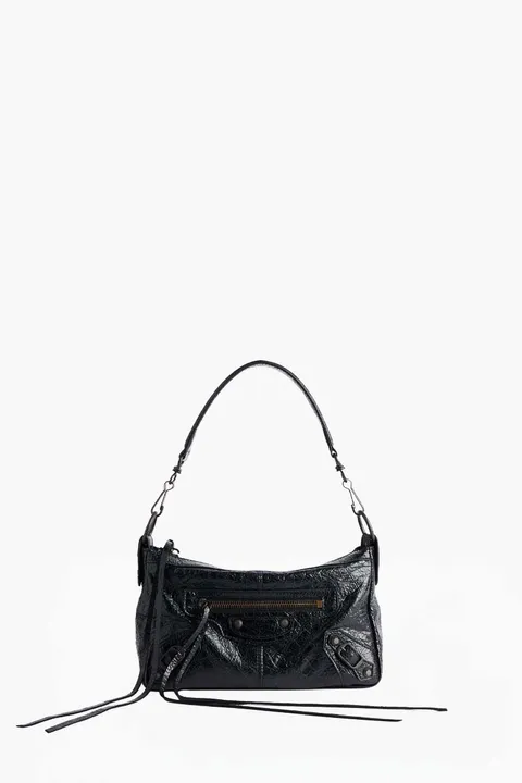 BALENCIAGA Mini Le City Moto Shoulder Bag in Black Arena Lambskin RHW