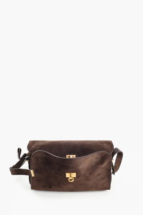 BALENCIAGA Medium Le 7 Shoulder Bag in Mocha Suede Calfskin