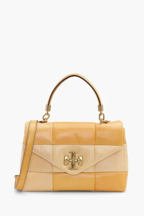 TORY BURCH Small Kira Patchwork Top Handle Satchel Bag in Golden Straw Mix