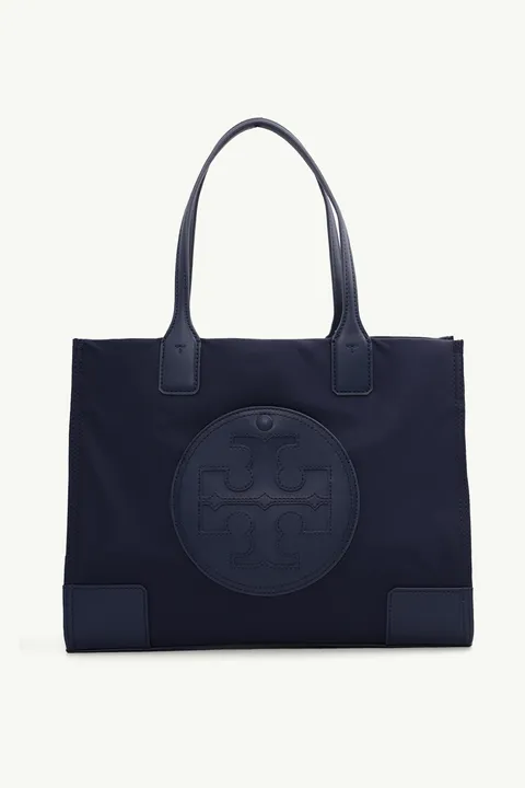 TORY BURCH Mini Ella Tote Bag in Tory Navy with Rolled Brass Hardware