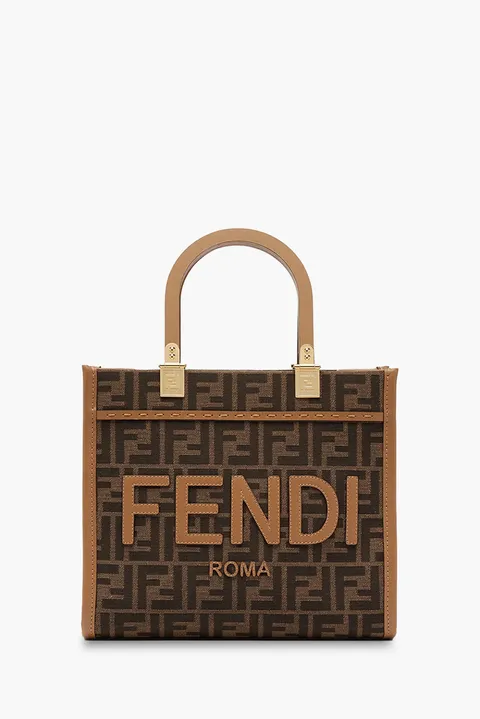 FENDI Small Sunshine Fendi Roma Shopper Bag in Brown/Sand Fabric with Jacquard FF Motif