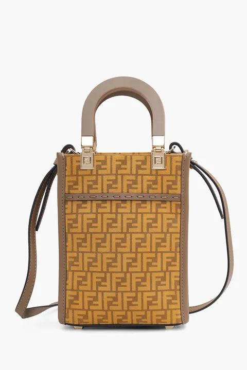 FENDI Mini All Over FF Logo Sunshine Shopper Bag in Yellow/Sand Suede x Leather with Wood Handle