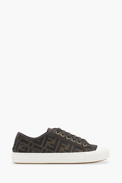 FENDI Women Domino FF Motif Low Top Sneakers in Brown/Tobacco/White Fabric