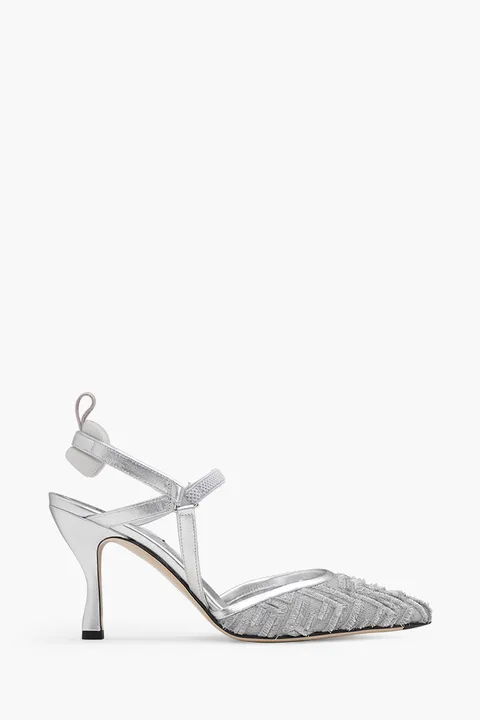 FENDI Women Colibri Lite Slingback Pumps 85mm in Silver Micro Mesh with Fringed FF Pattern