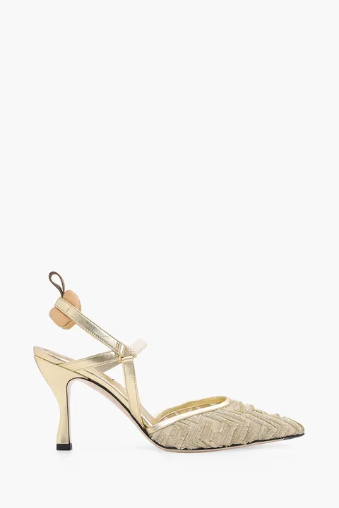 FENDI Women Colibri Lite Slingback Pumps 85mm in Gold Micro Mesh with Fringed FF Pattern