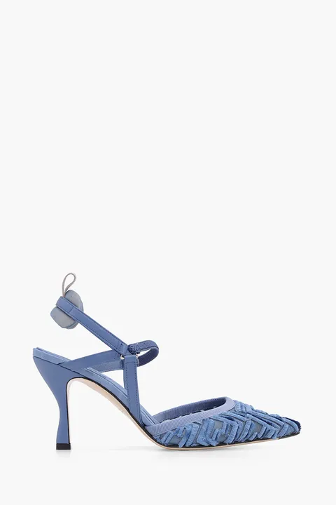 FENDI Women Colibri Lite Slingback Pumps 85mm in Blue Micro Mesh with Fringed FF Pattern
