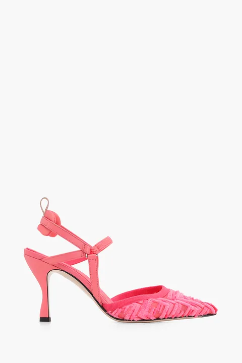 FENDI Women Colibri Lite Slingback Pumps 85mm in Pink Micro Mesh with Fringed FF Pattern