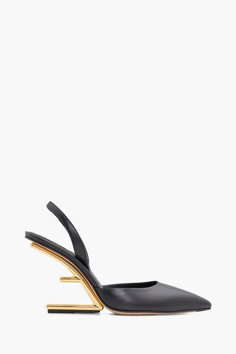 FENDI Women First Slingback Pumps 95mm in Black Leather with Diagonal F-Shaped Heels