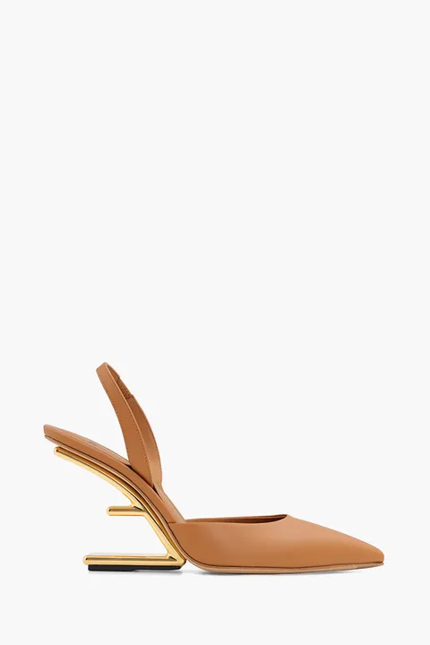 FENDI Women First Slingback Pumps 95mm in Brown Leather with Diagonal F-Shaped Heels