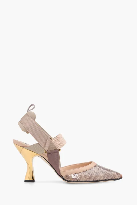 FENDI Colibri Slingback Pumps 85mm in Light Pink/Nude Micromesh FF Motif with Sequin Embroidery