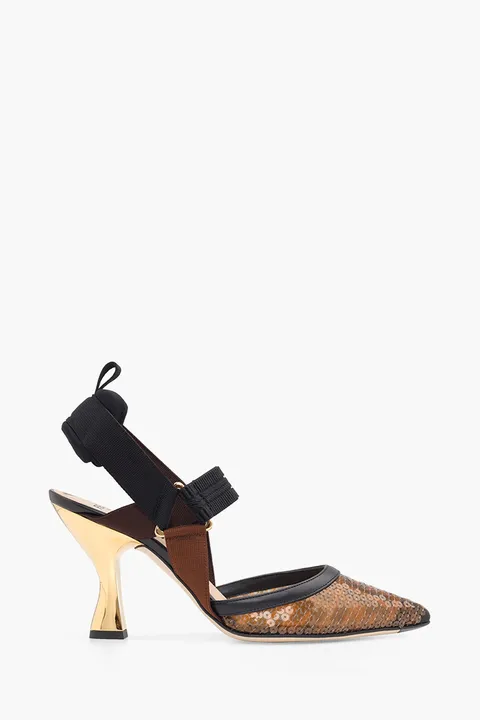 FENDI Colibri Slingback Pumps 85mm in Black/Amber Micromesh FF Motif with Sequin Embroidery