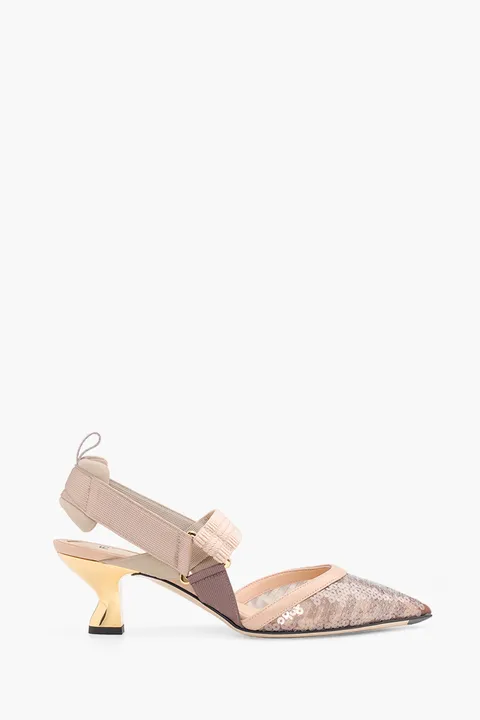 FENDI Colibri Slingback Pumps 55mm in Light Pink/Nude Micromesh FF Motif with Sequin Embroidery