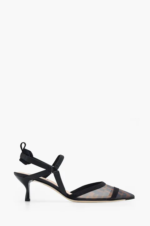 FENDI Women Colibri Lite Mesh Slingbacks Pumps 55mm in Black/Brown FF Logo Pattern