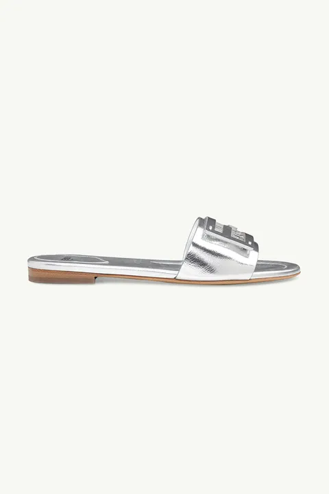 FENDI Women Siganture FF Baguette Slide Sandals in Silver Laminated Nappa Leather