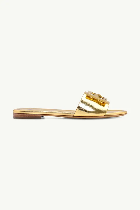 FENDI Women Siganture FF Baguette Slide Sandals in Gold Laminated Nappa Leather