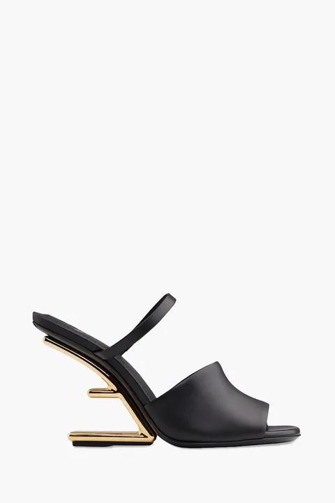 FENDI Women First Open Toe Sandals 105mm in Black Leather with Diagonal F-Shaped Heels